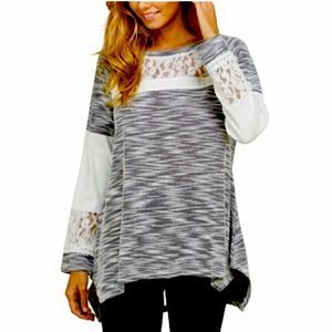 Grey Marled Knit Lace Accent Tunic Sweater M-XXL